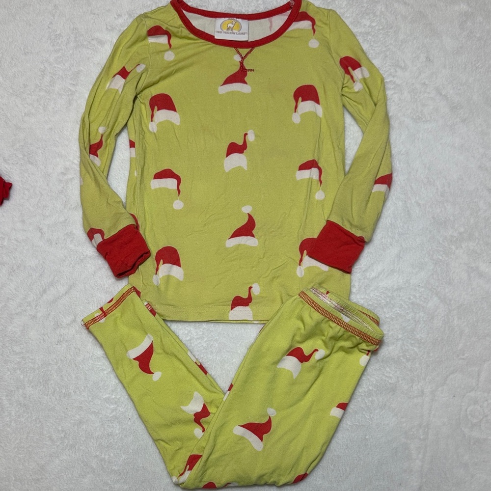 EUC The yellow lamb Festive Santa Hat Pajamas set size 24 mo